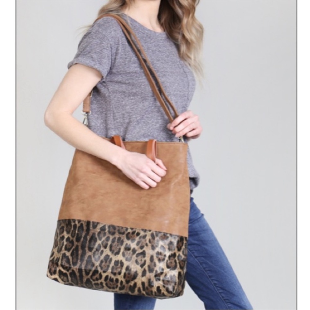 Brown Faux Leather with Leopard Print Tote - Picture 2 of 13